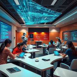 A futuristic classroom setting with advanced technology, showcasing students engaged in the field of Informatics