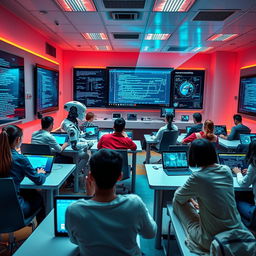 A futuristic classroom setting with advanced technology, showcasing students engaged in the field of Informatics