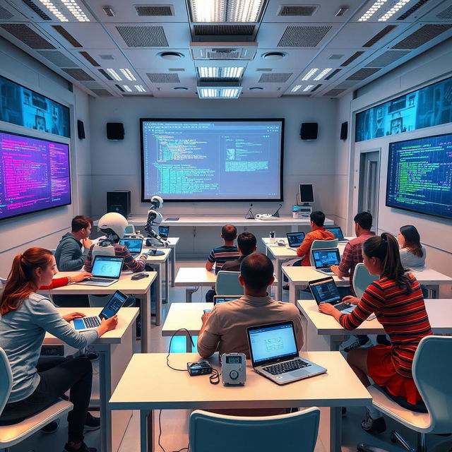 A futuristic classroom setting with advanced technology, showcasing students engaged in the field of Informatics