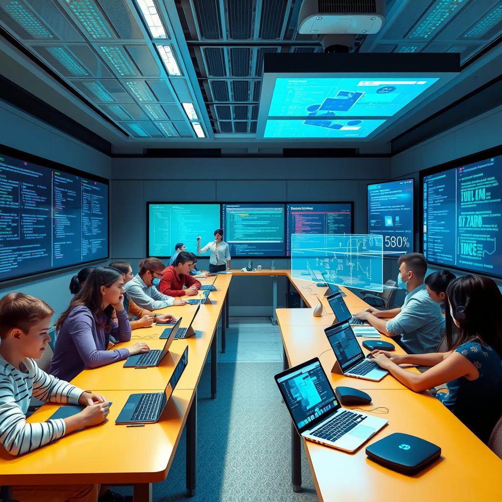 A futuristic classroom setting with advanced technology, showcasing students engaged in the field of Informatics