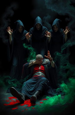 A dramatic scene depicting three malevolent witches in dark, flowing robes, surrounded by swirling shadows, standing over a person who is in the act of assassinating a king