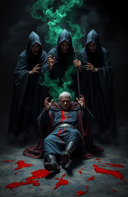 A dramatic scene depicting three malevolent witches in dark, flowing robes, surrounded by swirling shadows, standing over a person who is in the act of assassinating a king