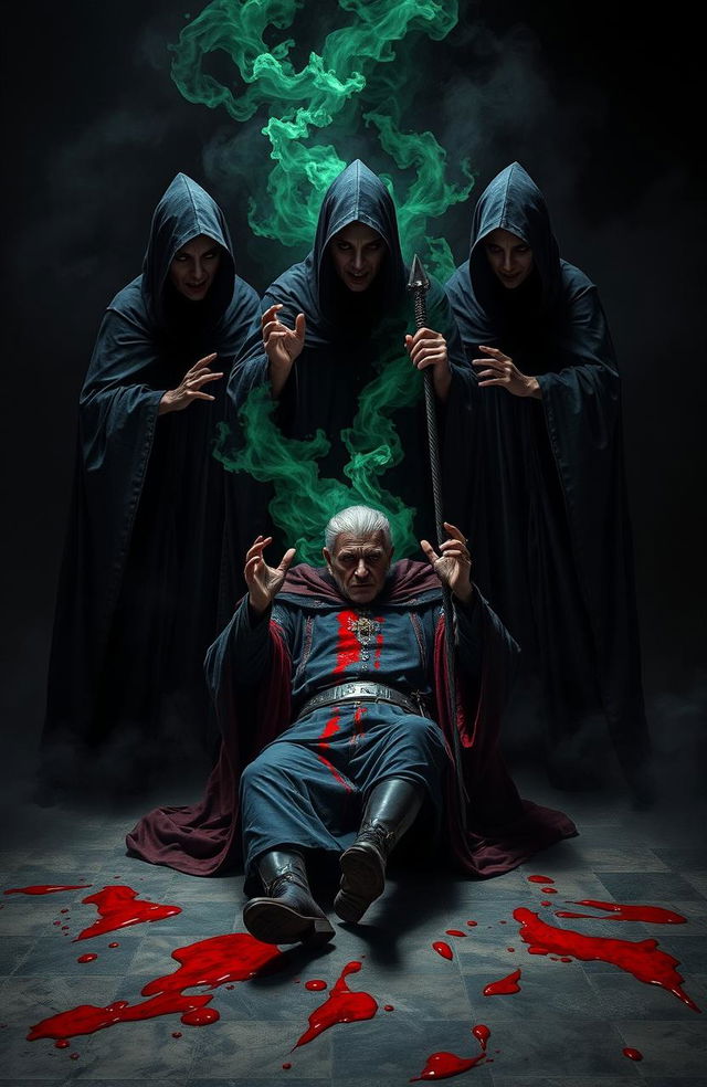 A dramatic scene depicting three malevolent witches in dark, flowing robes, surrounded by swirling shadows, standing over a person who is in the act of assassinating a king