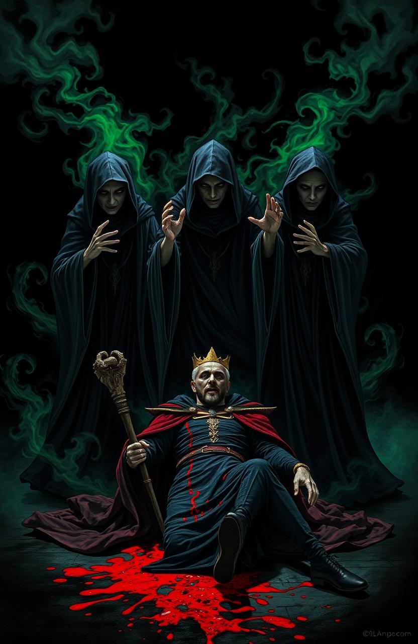 A dramatic scene depicting three malevolent witches in dark, flowing robes, surrounded by swirling shadows, standing over a person who is in the act of assassinating a king