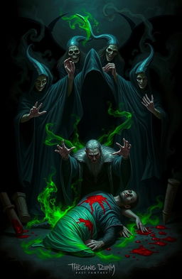A dramatic scene depicting three malevolent witches in dark, flowing robes, surrounded by swirling shadows, standing over a person who is in the act of assassinating a king
