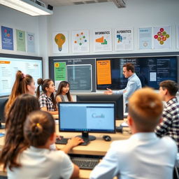 An educational scene depicting a modern classroom focused on informatics