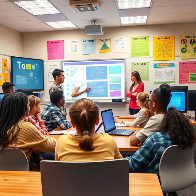 An educational scene depicting a modern classroom focused on informatics