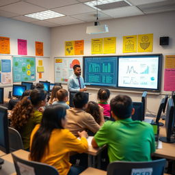 An educational scene depicting a modern classroom focused on informatics