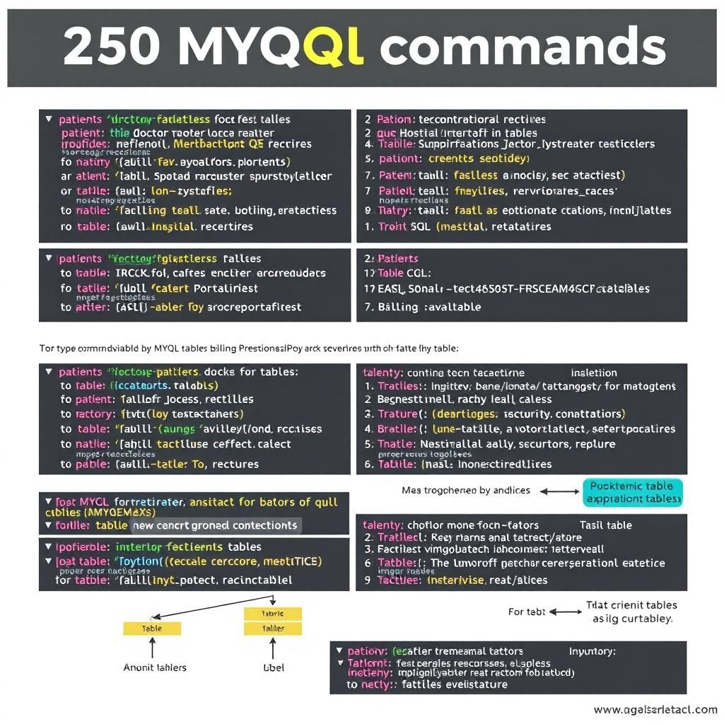 A comprehensive display of 250 MySQL commands tailored for a hospital database system