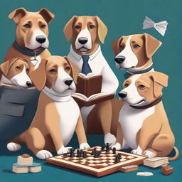 A high-quality digital art piece showcasing a group of intelligent dogs engaging in various activities such as reading books, playing chess, and operating a computer