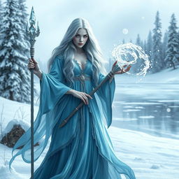 A powerful frost sorceress standing in a snowy landscape, dressed in ethereal, flowing robes that shimmer with icy blue hues