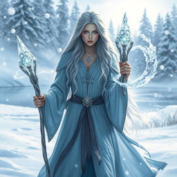 A powerful frost sorceress standing in a snowy landscape, dressed in ethereal, flowing robes that shimmer with icy blue hues