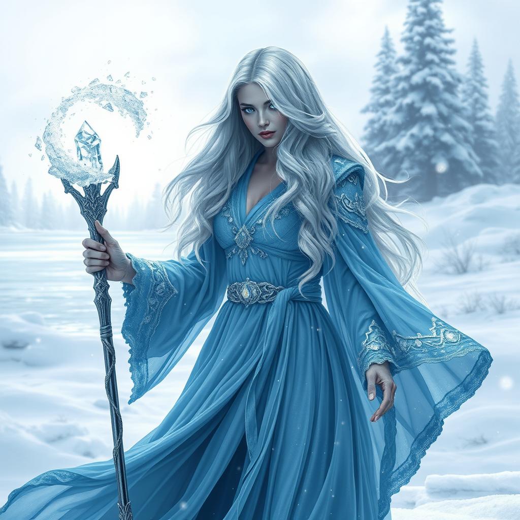 A powerful frost sorceress standing in a snowy landscape, dressed in ethereal, flowing robes that shimmer with icy blue hues