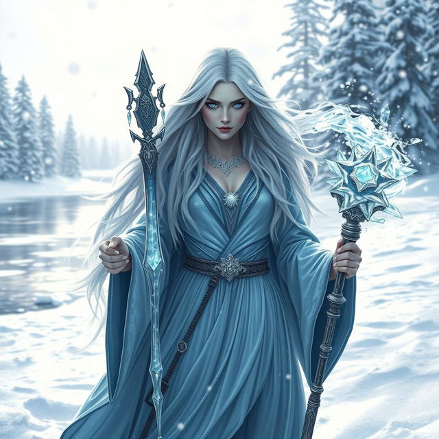 A powerful frost sorceress standing in a snowy landscape, dressed in ethereal, flowing robes that shimmer with icy blue hues