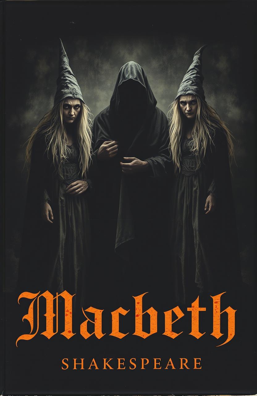 A dark, atmospheric scene depicting three witches with ominous expressions, standing next to a shadowy figure that symbolizes a person committing regicide against a king