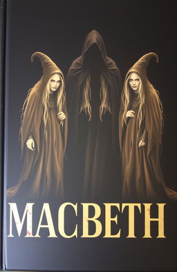 A dark, atmospheric scene depicting three witches with ominous expressions, standing next to a shadowy figure that symbolizes a person committing regicide against a king