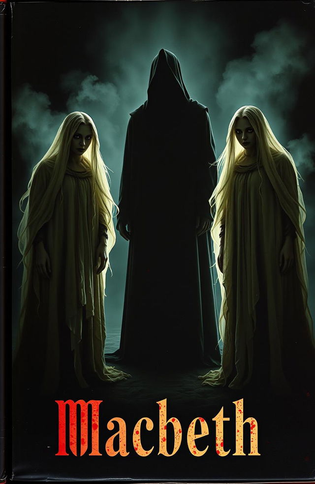 A dark, atmospheric scene depicting three witches with ominous expressions, standing next to a shadowy figure that symbolizes a person committing regicide against a king