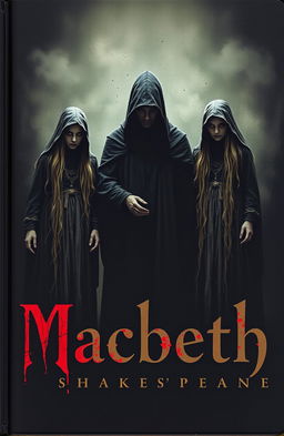 A dark, atmospheric scene depicting three witches with ominous expressions, standing next to a shadowy figure that symbolizes a person committing regicide against a king