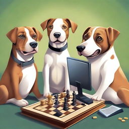 A high-quality digital art piece showcasing a group of intelligent dogs engaging in various activities such as reading books, playing chess, and operating a computer