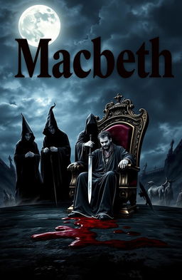 Three witches in dark, ominous robes conjuring spells under a full moon, their faces partially obscured by shadow; next to them, a cloaked figure with a dagger, stabbing a regal king seated on an ornate throne, symbolizing betrayal and ambition