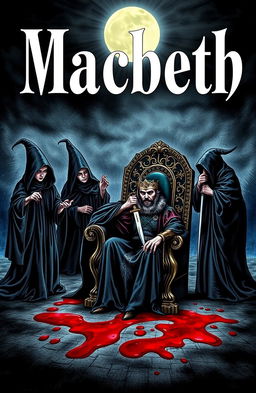 Three witches in dark, ominous robes conjuring spells under a full moon, their faces partially obscured by shadow; next to them, a cloaked figure with a dagger, stabbing a regal king seated on an ornate throne, symbolizing betrayal and ambition