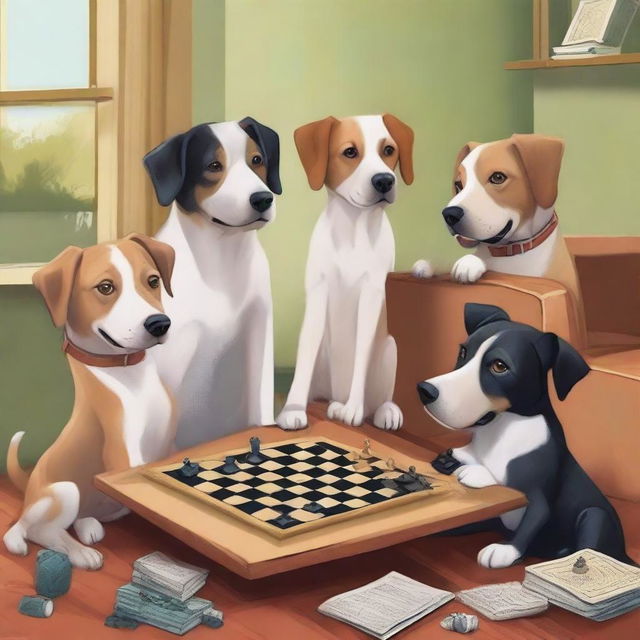 A high-quality digital art piece showcasing a group of intelligent dogs engaging in various activities such as reading books, playing chess, and operating a computer