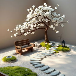 A serene bonsai zen garden, meticulously arranged with miniature trees, smooth pebbles, and soft, raked sand patterns