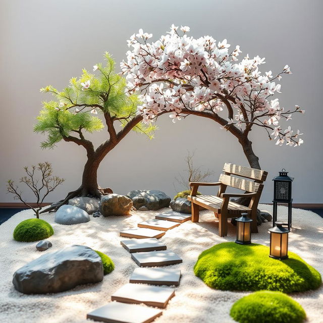 A serene bonsai zen garden, meticulously arranged with miniature trees, smooth pebbles, and soft, raked sand patterns