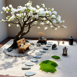 A serene bonsai zen garden, meticulously arranged with miniature trees, smooth pebbles, and soft, raked sand patterns