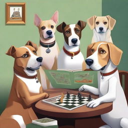 A high-quality digital art piece showcasing a group of intelligent dogs engaging in various activities such as reading books, playing chess, and operating a computer