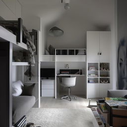 Stylish black and white 3x4 room featuring a bunk bed with a study area underneath, a television, a sofa, additional wardrobes, and a bookshelf loaded with books, blending practicality with chic minimalism