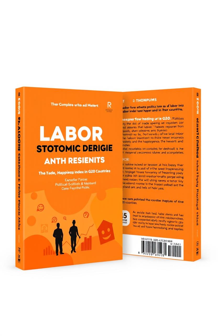 A complete front and back cover design for a book themed on the impact of labor force, political stability, trade openness, and happiness index on economic growth in G20 countries