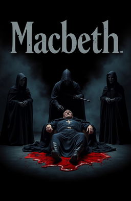 A dramatic scene featuring three witches in dark, shadowy robes, casting eerie glances, standing ominously beside a figure in the act of assassinating a regal king