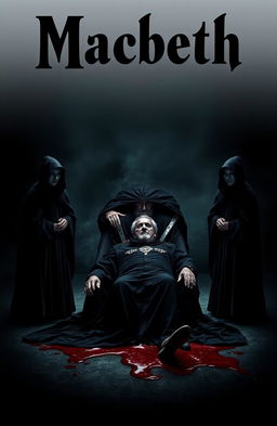 A dramatic scene featuring three witches in dark, shadowy robes, casting eerie glances, standing ominously beside a figure in the act of assassinating a regal king