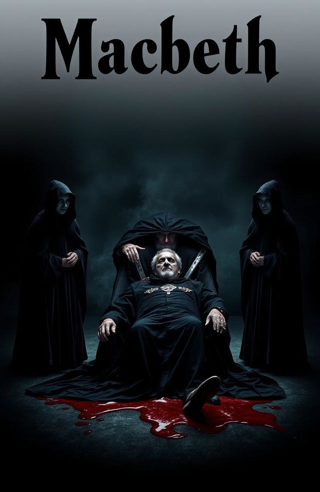 A dramatic scene featuring three witches in dark, shadowy robes, casting eerie glances, standing ominously beside a figure in the act of assassinating a regal king