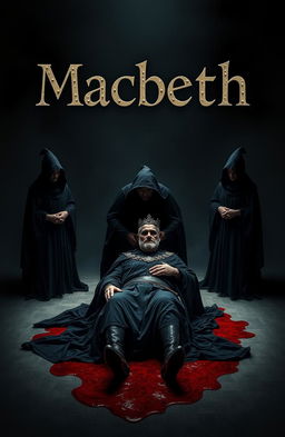 A dramatic scene featuring three witches in dark, shadowy robes, casting eerie glances, standing ominously beside a figure in the act of assassinating a regal king