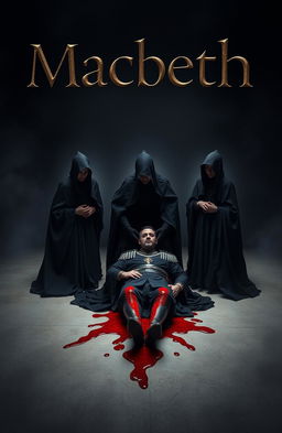 A dramatic scene featuring three witches in dark, shadowy robes, casting eerie glances, standing ominously beside a figure in the act of assassinating a regal king