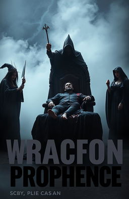 A dark and atmospheric scene featuring three ominous witches casting spells beside a shadowy figure that is assassinating a king on a black cover draped over an elaborate throne