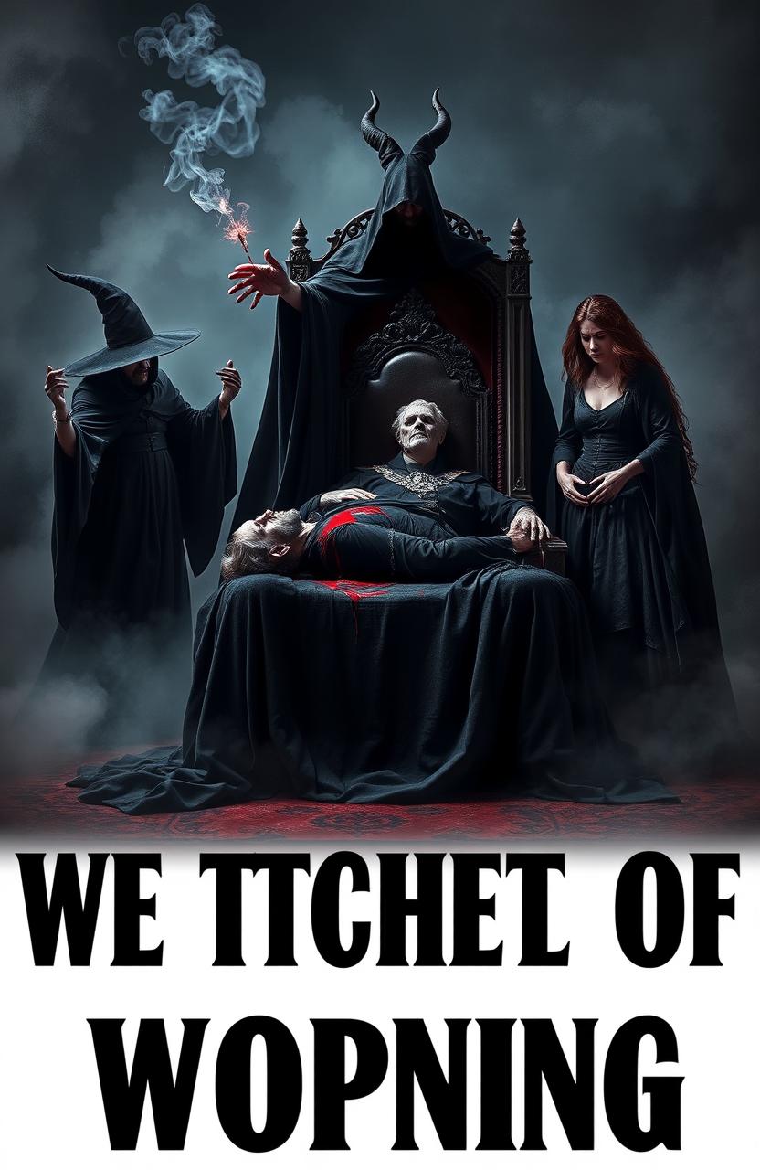 A dark and atmospheric scene featuring three ominous witches casting spells beside a shadowy figure that is assassinating a king on a black cover draped over an elaborate throne