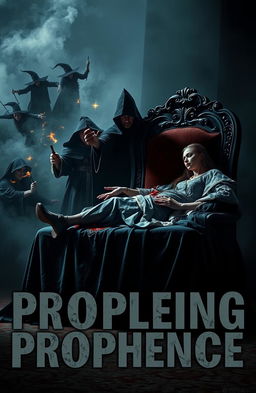 A dark and atmospheric scene featuring three ominous witches casting spells beside a shadowy figure that is assassinating a king on a black cover draped over an elaborate throne