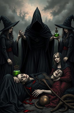 A dark and atmospheric illustration featuring three witches surrounding a scene of betrayal