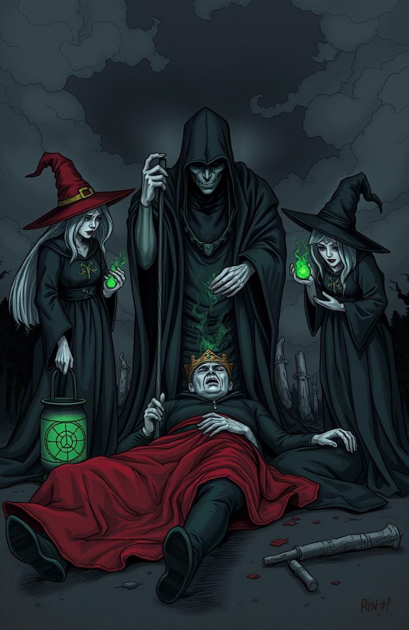 A dark and atmospheric illustration featuring three witches surrounding a scene of betrayal