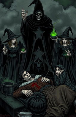 A dark and atmospheric illustration featuring three witches surrounding a scene of betrayal