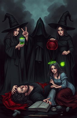 A dark and atmospheric illustration featuring three witches surrounding a scene of betrayal