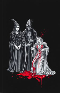 A dark and dramatic scene featuring three witches standing together, their expressions mysterious and foreboding, as they observe a dramatic moment unfolding beside them