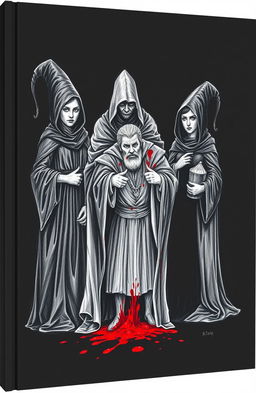 A dark and dramatic scene featuring three witches standing together, their expressions mysterious and foreboding, as they observe a dramatic moment unfolding beside them