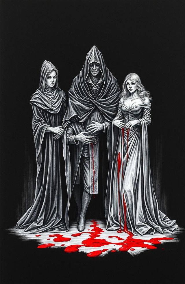 A dark and dramatic scene featuring three witches standing together, their expressions mysterious and foreboding, as they observe a dramatic moment unfolding beside them