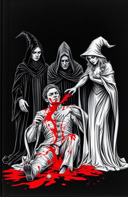 A dark and dramatic scene featuring three witches standing together, their expressions mysterious and foreboding, as they observe a dramatic moment unfolding beside them