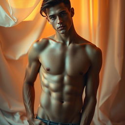 A sensual and artistic portrayal of a young man, showcasing an elegant pose that emphasizes the beauty of the human form