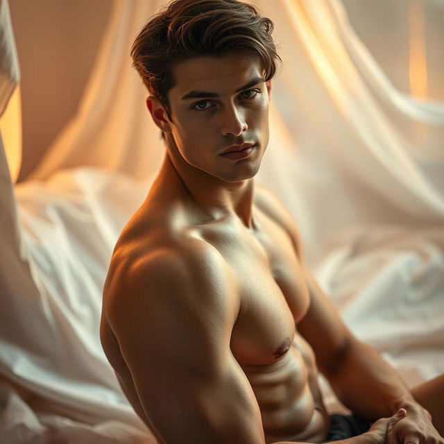 A sensual and artistic portrayal of a young man, showcasing an elegant pose that emphasizes the beauty of the human form